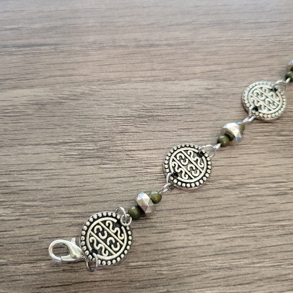 Boho Silver Tone Coin Link Bracelet Olive Green Beads Adjustable Lobster Clasp